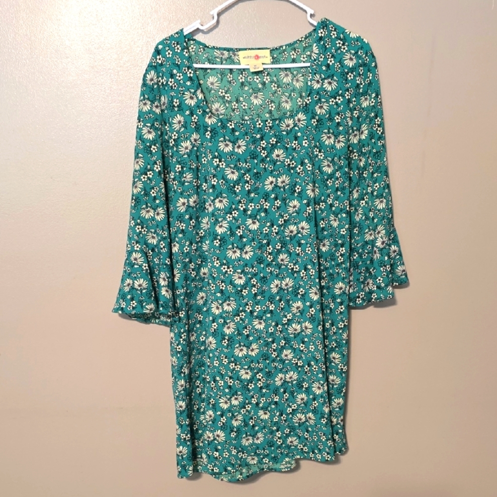 Wishful Park Square Neck Green Floral Bell Sleeved Dress Women's Size Medium